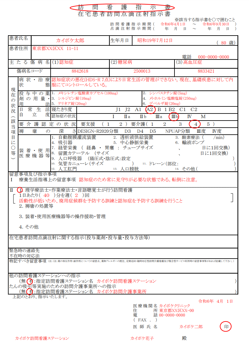 訪問看護指示書の記載例