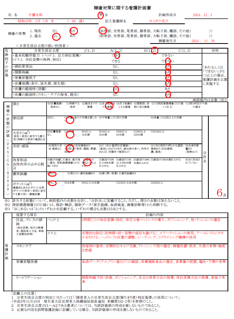 褥瘡対策に関する看護計画書の記入例