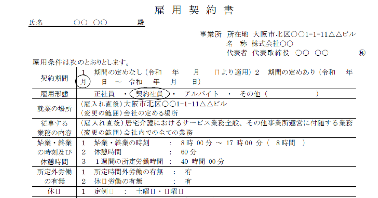 雇用契約書のテンプレート